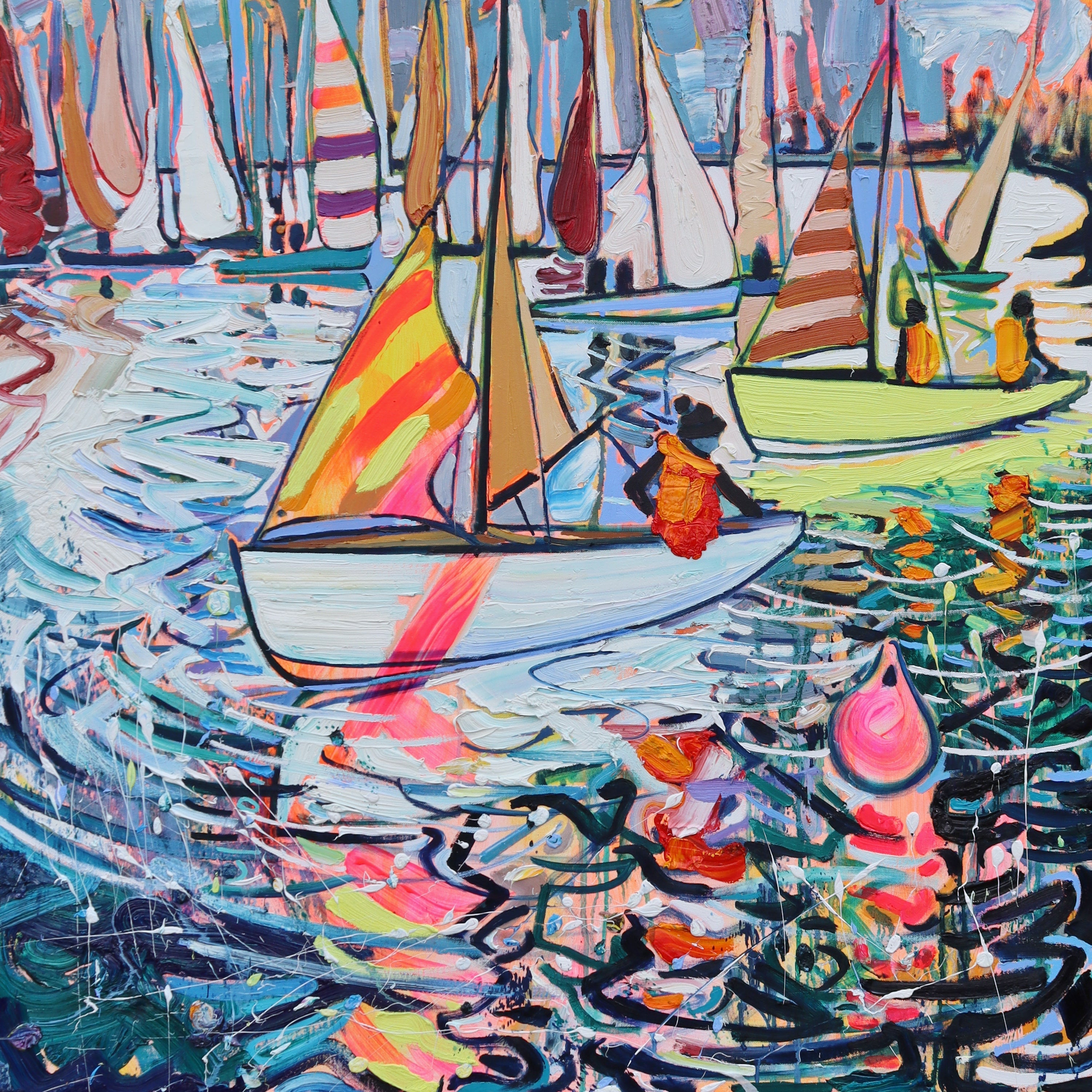 A vibrant abstract oil painting on canvas by Andrew Cranley, featuring a colorful depiction of boats on water, with thick paint and a dynamic, swirling composition.