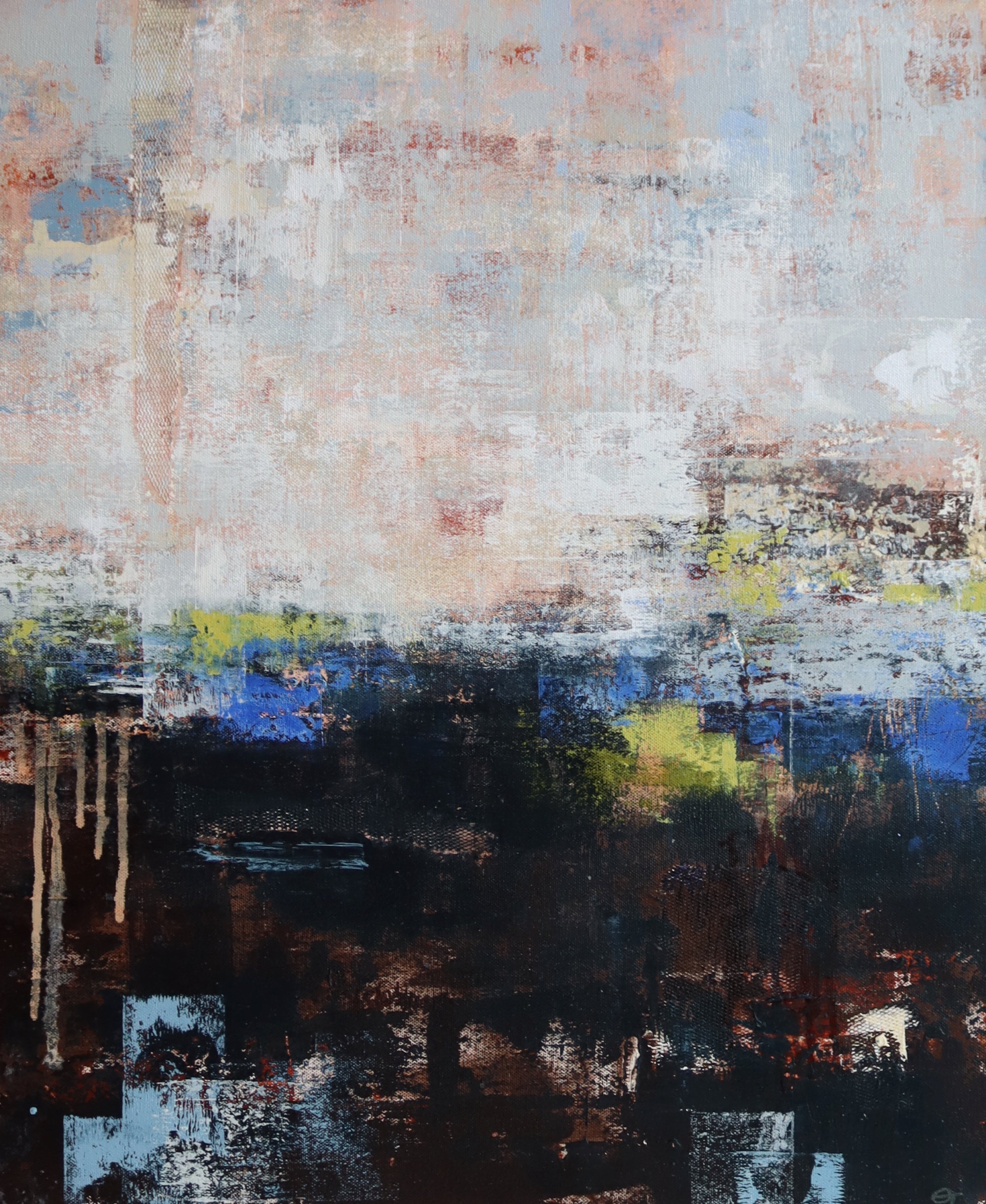 Abstract painting featuring blocks of color including blue, black, gray, and white, with a textured finish.